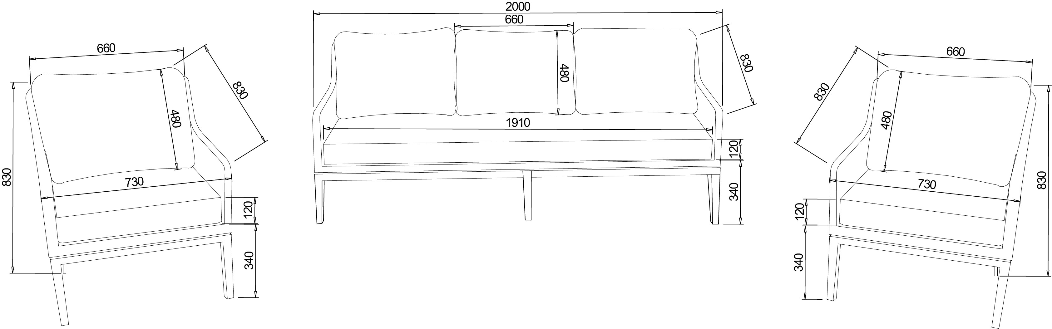 Arley 3 Seat Lounge Set dimensions